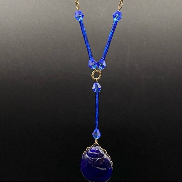 Vintage Cobalt Blue Czech Glass Scarab Pendant Necklace - Picture 9 of 15